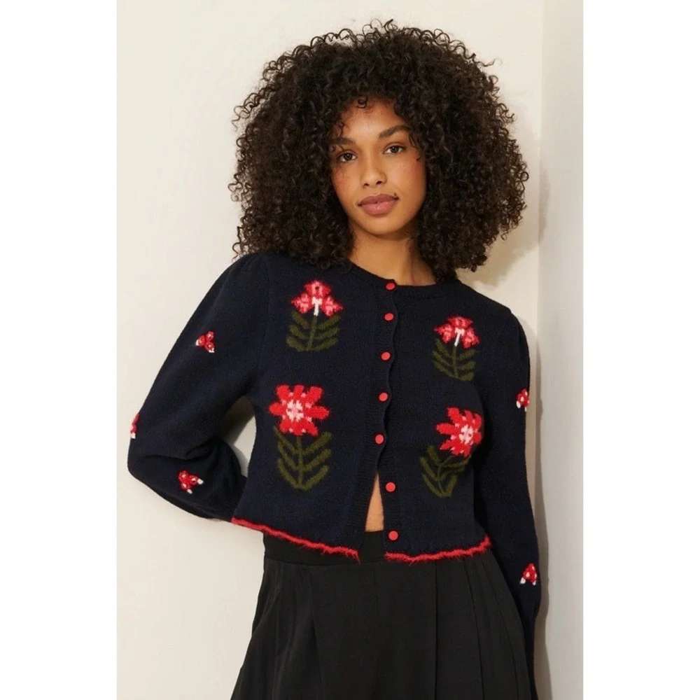 Free People Nonna Knit Cardi Floral Cardigan Sweater‎ Black Small Granny Cottage